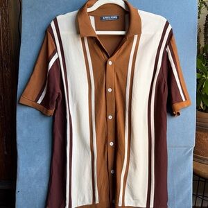 PJ Paul Jones Men's Casual Striped Button-Down Shirt - Brown and Cream